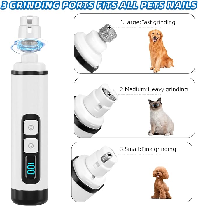 Dog Nail Grinder Super Quiet 2025 New Electric Pet Nail Grinder with LED Lights, USB Rechargeable, Cordless and 2 Speeds, Painless Nail Trimmer for Dogs and Cats Small to Large Pets (White-BK)