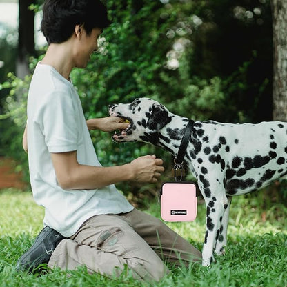 Dog Treat Pouch with Training Clicker,Waterproof Nylon Fabric Poop Bag Holders for Leashes,Hands Free Small Dog Walking Bag with Carabiner, Pet Puppy Training Walking Essentials (Pink)