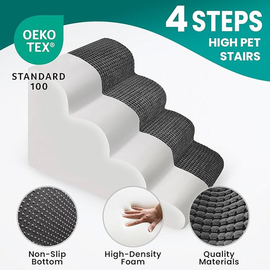 Dog Stairs for Small Dogs, 20.5 in H 4 Step Curved Dog Ramp for High Bed and Couch, Foam Dog Ramp with Durable Non-Slip Waterproof Fabric Cover, Pet Stairs for Pets Joints, Grey