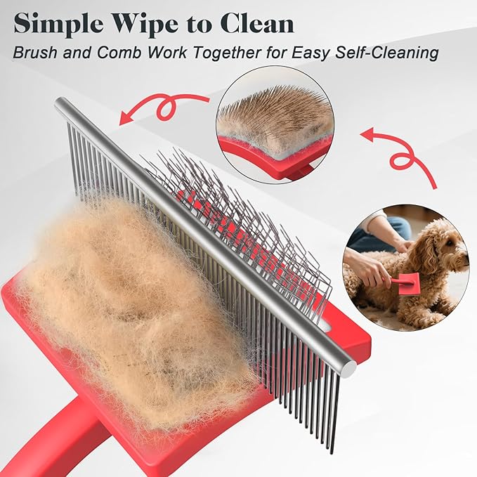 2PCS Slicker Brush for Dogs & Pet Comb,Professional Dog Grooming Brush (Goldendoodles,Poodles,Labradoodles) with Extra Long Pins to Effectively Remove Tangles, Knots and Mats (Red, Large)