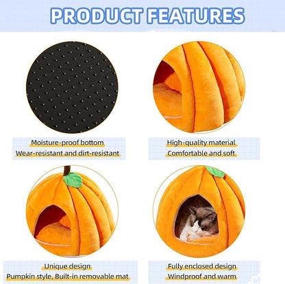 Cat Beds for Indoor Cats, Cute Pumpkin Shape Cat Tent with Removable Cushion Warm Cave Nest Bed Puppy House, Cat Small Dog (Orange)