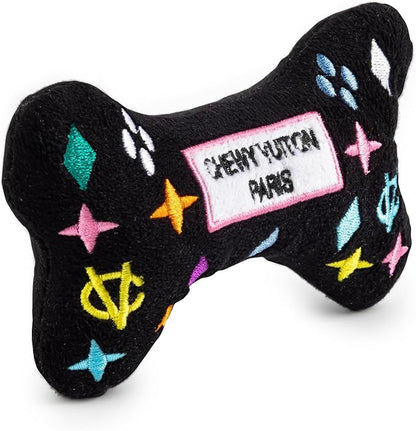 Haute Diggity Dog Black Monogram Chewy Vuiton Bone, Plush Designer Dog Toys with Interactive Squeaker, Stimulating Pet Enrichment, Machine-Washable & Safe Materials for All Breeds, Size Small