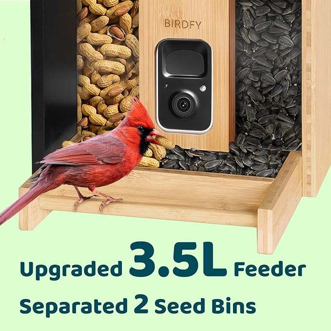 Birdfy Smart Bird Feeder with Camera&Metal Guard, AI Bird Recognition, 2K&Night Vision, Solar Powered, 4L Large Bamboo Wood Weatherproof Design, Ideal Chistmas Gift for Nature Lovers, Mom&Myself