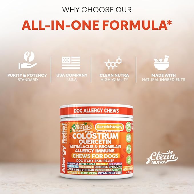 Dog Allergy Chews and Itchy Skin Relief for Dogs | Colostrum Quercetin Astragalus Bromelain | Immune Anti Itch Coat Supplement Aller Ichting Bites Treatment Paw Allergies + Echinacea Nettle Omega 3