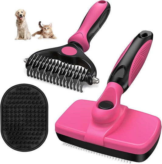 3PCS Self Cleaning Slicker Brush & Pet Grooming Rake & Bath Brush for Dogs,Cats and Horses | Double-Sided Dematting Comb & Skin Friendly Deshedding Grooming Tool | Premium Pet Supplies (Red Black)