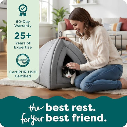 FurHaven Cat Bed Cave for Indoor Cats & Small Dogs, Washable & Foldable Pet Tent with Removable Cushion, Small, Polar Fleece, Heather Gray