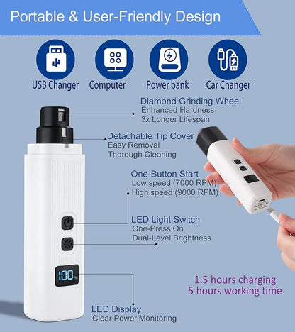 Upgrade Electric Pet Nail Grinder with LED Lights - 2-Speed Super Quiet and Low Vibration Rechargeable Cat Nail Trimmers,Professional Painless Pet Paws Grooming Tool, Small Medium Anxious Dogs & Cats