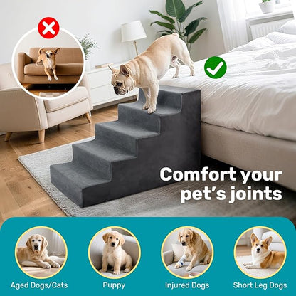 Dog Stairs for Bed, Extra Wide 5-Step Dog Steps for High Bed, High-Density Foam Pet Stairs with Non-Slip Removable Washable Cover for Small Pets, 23" H, Grey