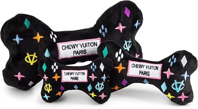 Haute Diggity Dog Black Monogram Chewy Vuiton Bone, Plush Designer Dog Toys with Interactive Squeaker, Stimulating Pet Enrichment, Machine-Washable & Safe Materials for All Breeds, Size XL