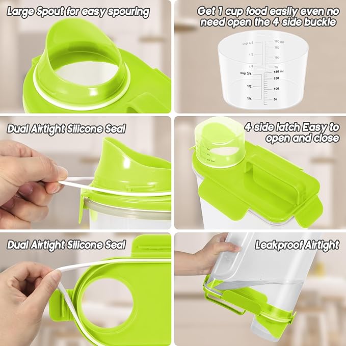 5 LBS/6Qt Pet Storage Container Portable with Upgraded Large Spout and Cup, Plastic Dog Cat Food Dispenser for Small Animal Kibble, Bird Seed, Oatmeal, Rice, Flour, Brown Sugart-2 Pack Sunshine Green