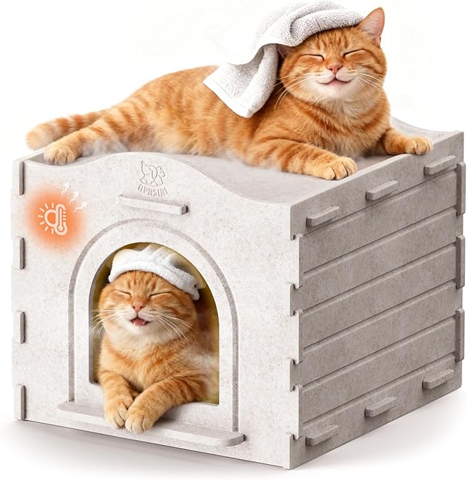 Apasiri Indoor Cat Houses for Indoor Cats, Warm Insulated Covered Cat Cave for Indoor Cats House, Strong Scratch-Resistant Capacity, Sturdy Fiber, Compatible with Heating Pads, Cat
