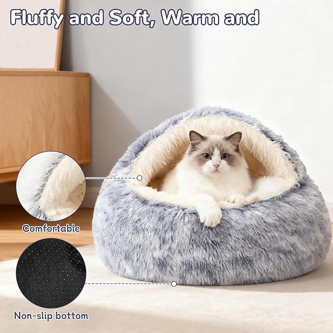 Nest Bed, Round Plush Hooded Cat Cave, Covered Cat Bed for Indoor, Warm Plush Cave Style Cats House with Hood, Anti-Slip, Cozy Winter Sherpa Lounger for Cats and Small Puppies