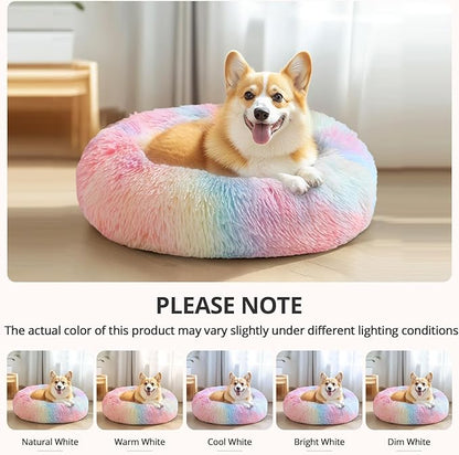 JOLLYVOGUE Small Dog & Cat Beds for Indoor Cats, Donut Cuddler Warming Soft Dog Beds with Anti-Slip Bottom, Round Calming Fluffy Plush Faux Fur Cushion Bed for Medium Dogs (27", Rainbow)