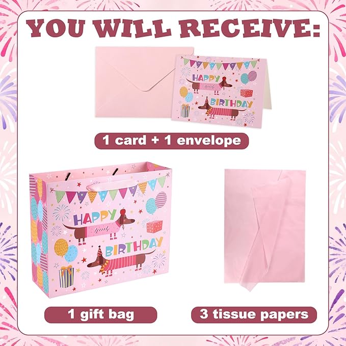 Fukaisu Large Dog Birthday Favor Bags, 13" Dachshund Happy Gift Bags with Card Tissue Envelopes for Dog Birthday Party Decoration
