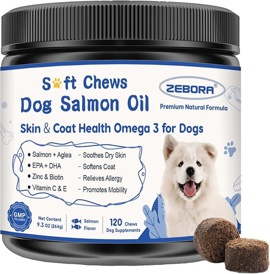 ZEBORA Salmon Oil for Dogs Skin and Coat - Omega 3 6 9 Fish Oil Soft Chews for Dogs Itchy Skin Relief - Dog Fish Oil Supplements EPA DHA Rich with Vitamins C & E - Allergy Relief & Shedding, 120 Ct