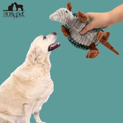 Hollypet Plush Dog Squeaky Toy Stuffed Armadillo Animal Pet Puppy Chew Toys with Clean Teeth for Small Medium Large All Breed Sizes Dogs, Deep Green,8 in