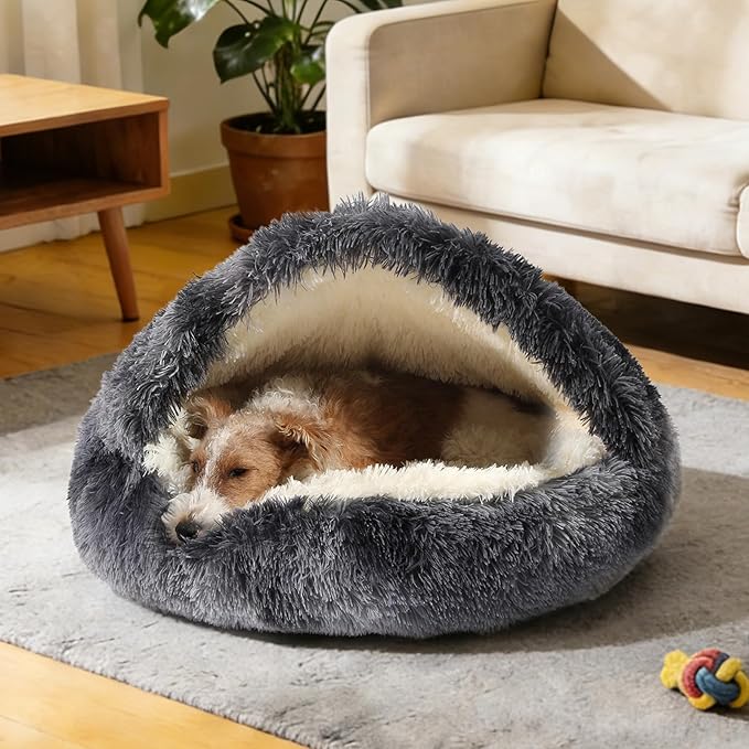NOYAL Round Hooded Donut Dog Bed for Small & Medium Pets - Plush Fluffy Anti-Anxiety Cat Cave Bed with Cover