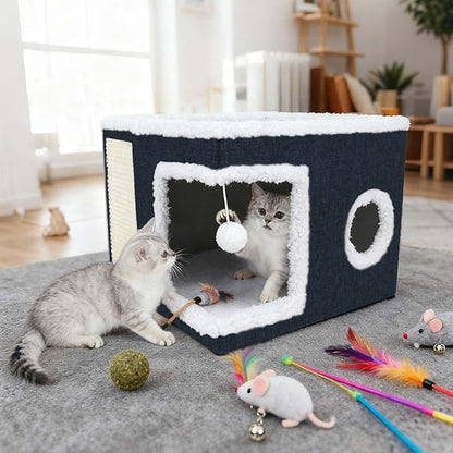 Cat Beds for Indoor Cats,Cat Cave,Cat Scratch House,Foldable Cat Cave Bed for Large and Small Pets,Fluffy Ball and Scratch Pad,16.14x16.14x12.2in,Navy Blue