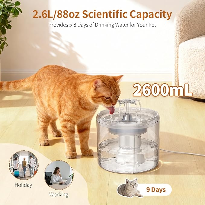 Cat Fountain, 2.6l/87oz Pet Water Fountain Clear Plastic Water Fountains for Cats Indoor with Flower Waterfall Dog Water Fountain Spout with Silent Pump