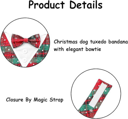 Adjustable Red Plaid Christmas Dog Tuxedo Bandana with Bow Tie - Holiday Pet Outfit Costume for Dogs XS to XL