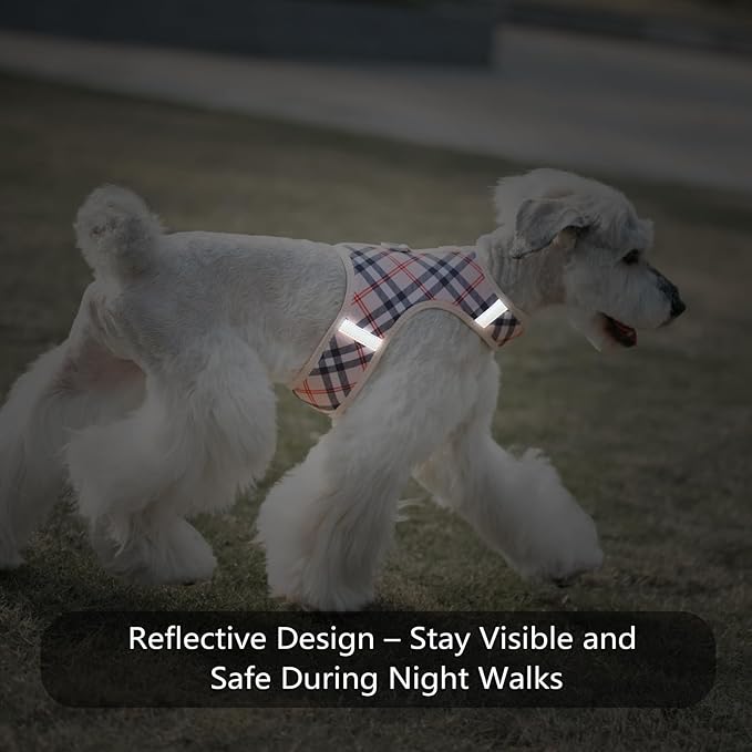 Dog Harness for Small Sized Dog,Hook-and-Loop Easy On/Off, Reflective Adjustable Soft Mesh Vest for Puppy (Checkered Beige,XXS)