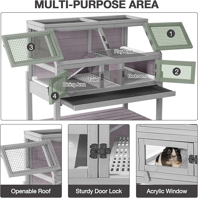 Large Guinea Pig Cages Indoor with Wheels, Wooden Rabbit Hutch with Plastic Floor and Zinc Cool Plate, Anti-Chewing Ramp, Small Animal Habitat with Leakproof Tray for Hamster, Chinchillas, Rats