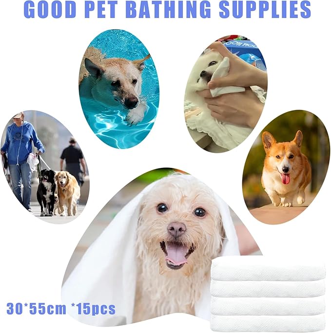 Disposable Pet Bath Towel,15 PCS Portable Pet Grooming Towels,11.8 x 21.6 inch Convenient Pet Cleaning Towel Pet Drying Towels,Absorbent Bath Towel for Small Dog Puppy Cat, White