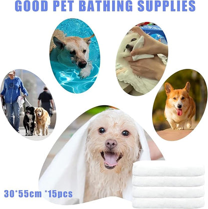 Disposable Pet Bath Towel,15 PCS Portable Pet Grooming Towels,11.8 x 21.6 inch Convenient Pet Cleaning Towel Pet Drying Towels,Absorbent Bath Towel for Small Dog Puppy Cat, White