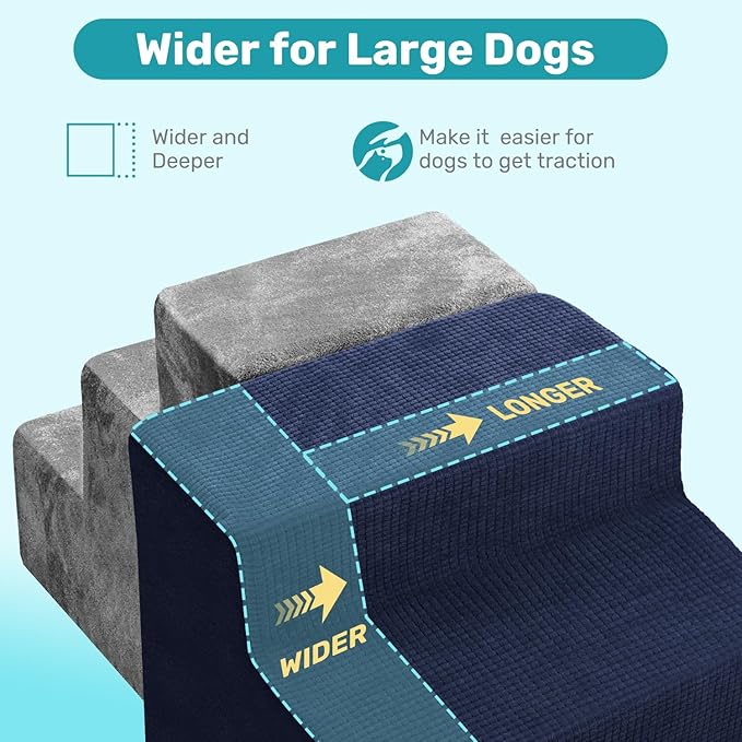 Dog Stairs for Bed, Extra Wide 5-Step Dog Steps for High Bed, High-Density Foam Pet Stairs with Non-Slip Removable Washable Cover for Small Pets, 23" H, Navy