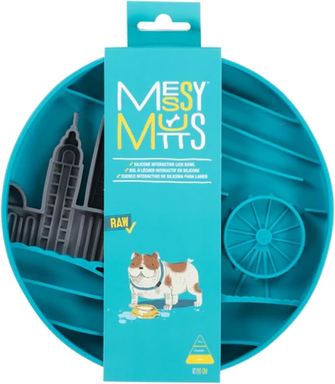 Messy Mutts and Cats Interactive Slow Feeder | Urban City Blue - 2 Cup Capacity | 8” Round Silicone Puzzle Slow Feeder for Dogs/Cats | Enrichment Food Dish for Slow Eating, Bloating