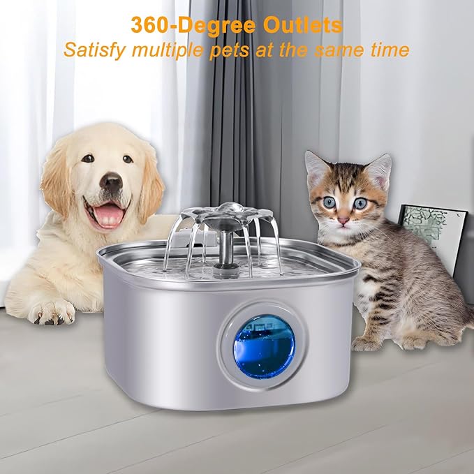 Stainless Steel Cat Water Fountains 3.2L with Water Level Window & 2 Filters,Ultra Quiet Cat Fountains for Drinking,Pet Water Fountain for Indoor,Automatic Water Dispenser for Cats/Dogs