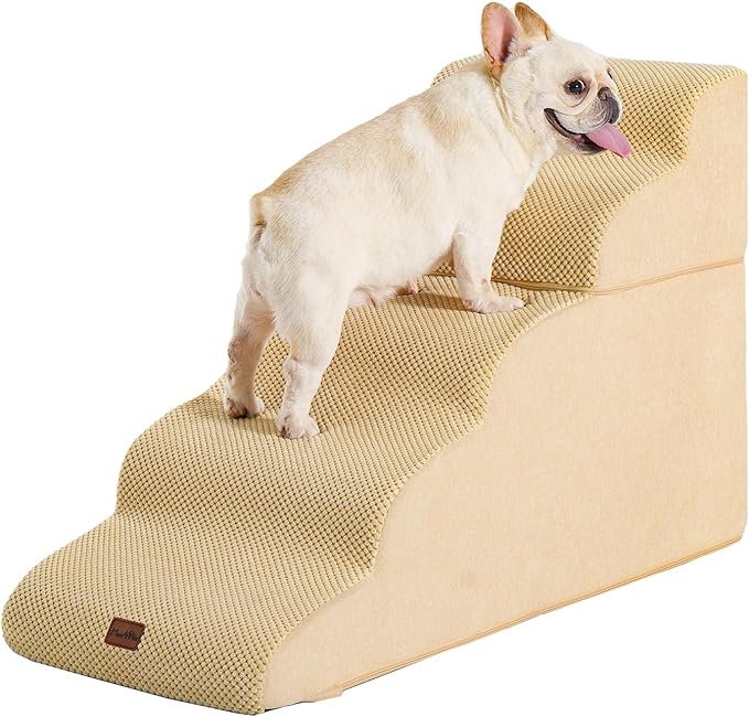 Made4Pets Dog Stairs Ramp for High Bed 22.8" H, 5-Step Pet Stairs for Bed Couch Sofa Climbing, 35D Foam Pet Steps for Small Dogs and Cats, Non-Slip Bottom Dog Steps, Tan