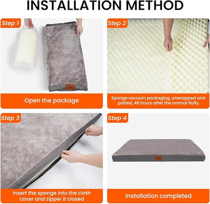 Waterproof Dog Bed for Large and Medium-Sized Dogs, Orthopedic Washable Crate Pad 35 inch, Egg Crate Foam Pet Bed Mat with Removable Cover, Anti-Slip Reversible Kennel Pad, 35''×22'', Grey