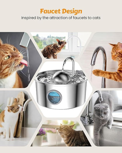 AONBOY Cat Water Fountain with Water Level Window, 108oz/3.2L Cat Fountain Stainless Steel, 6Filters + 3Sponge Filters, Faucet Shape Dog Water Fountain, Double Noise Reduction Design, Multi Filtration