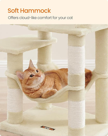 Feandrea Cat Tree, 44.1-Inch Cat Tower, Plush Multi-Level Condo with 4 Scratching Posts, 2 Perches, Hammock, Cave, Beige UPCT261M01
