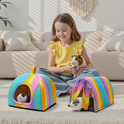 TailoWag Guinea Pig Hideout Soft Large Bed Tunnel with Door Curtain 2 Pack Guinea Pig Toys Set Bunny Bed Cage Accessories for Small Animals (Rainbow)