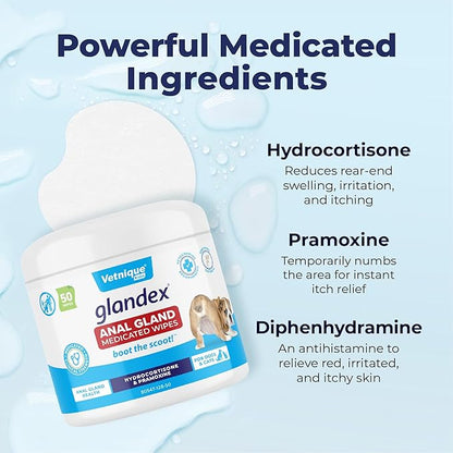 Vetnique Glandex Medicated Dog Butt Wipes or Spray for Dog Scooting - Topical Anti Itch Skin Relief for Soothing Inflamed Anal Glands in Dogs & Cats - Fast Acting Formula 50ct (50ct Wipes)