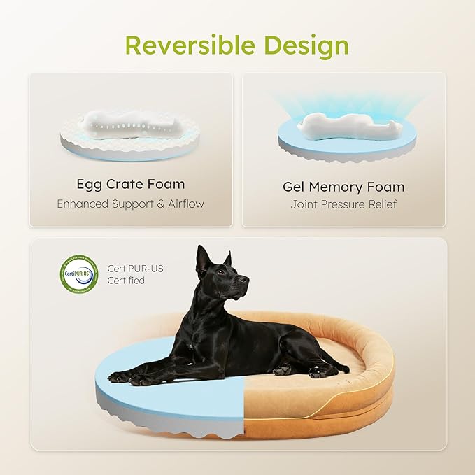 XXL Orthopedic Dog Bed, 53 in. Dog Bed for Large Sized Dogs with Full-Surround Bolsters, Dual-Sided Dog Cooling Beds with Memory Foam, Washable Pet Sofa Couch with Nonslip Bottom, Brown