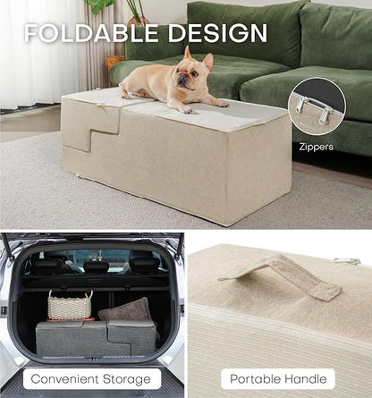 Dog Stairs for High Bed, Dog Steps for Bed Couch Sofa, 35D Foam Extra Wide Pet Steps for Small Dogs and Cats, Pet Stairs with Non-Slip Bottom Beige, 4 Steps