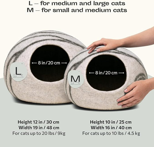 MEOWFIA Cat Cave – Premium Felt Cat Bed for Indoor Cats, Handmade 100% Merino Wool, Cat (Light Grey, Large)