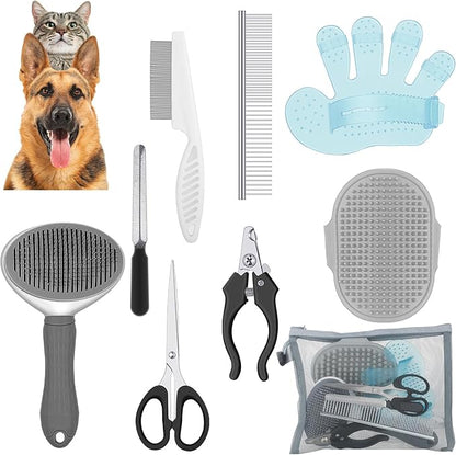 Yaomiao 9 Pcs Pet Grooming Kit - Self Cleaning Slicker Brush, Shedding Comb, Nail Clippers, File, Scissors with Adjustable Strap for Dogs and Cats