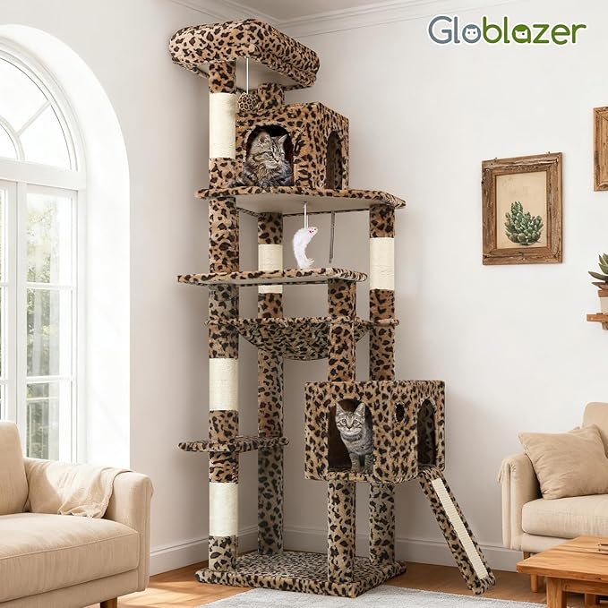 Globlazer Heavy Duty Cat Tree Tower, 70inch Sturdy Cat Tree for Indoor Cats Sturdy Large Cat Tower with Scratching Post and Board, Hammock, 2 Cat Condo for Adult Cats Kittens, F70 Pro, Leopard Print