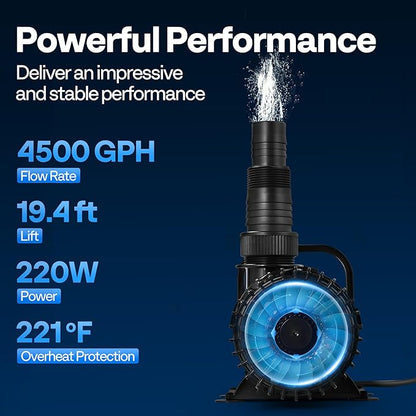 VIVOHOME 220W 4500GPH Submersible Water Pump with 180° Seamless Adjustable Nozzle and Barrier Bag for Koi Pond Waterfall Fountains Fish Tank