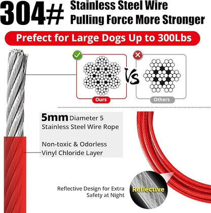 jenico Dog Tie Out Cable, 10/15/20/30/40/50/70/100/150FT Runner Cable with Swivel Hook and Shock Spring, Dog Leash Run Tether for Yard Outdoor and Camping,for Small to Medium Pets Up to 500 LBS
