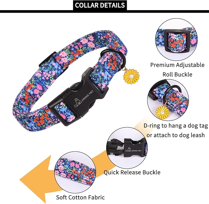 ARING PET Floral Dog Collar, Cute Blue Pink Orange Flower Pet Collars for Puppy Small Medium Large Boy Girl Dogs-L