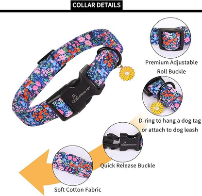ARING PET Floral Dog Collar, Cute Blue Pink Orange Flower Pet Collars for Puppy Small Medium Large Boy Girl Dogs-L