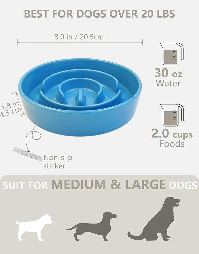 Ceramic Slow Feeder Dog Bowls, 2.0 Cups Slow Feeder for Medium and Large Dogs, Puzzle Maze Bowl to Slow Down Eating, 30oz, 8in, Blue
