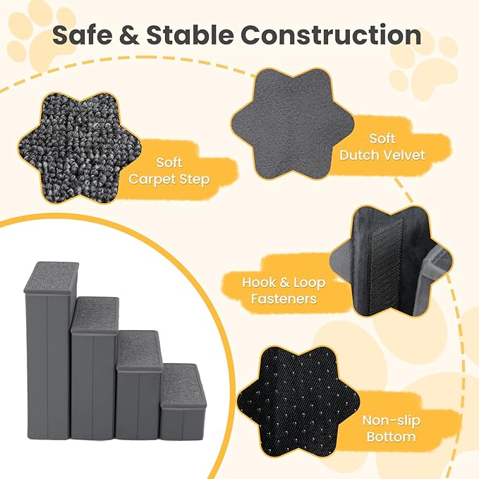 PETSITE 4-Step Dog Stairs, 23 Inch Tall Foldable Pet Stairs for Small and Medium Dogs Cats, with Storage Compartments and Non-Slip Bottom, Adjustable Dog Steps for Bed, Couch, or Sofa