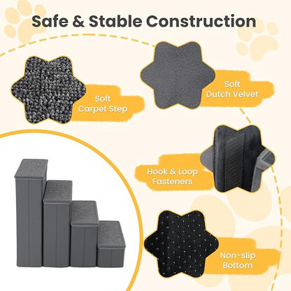 PETSITE 4-Step Dog Stairs, 23 Inch Tall Foldable Pet Stairs for Small and Medium Dogs Cats, with Storage Compartments and Non-Slip Bottom, Adjustable Dog Steps for Bed, Couch, or Sofa