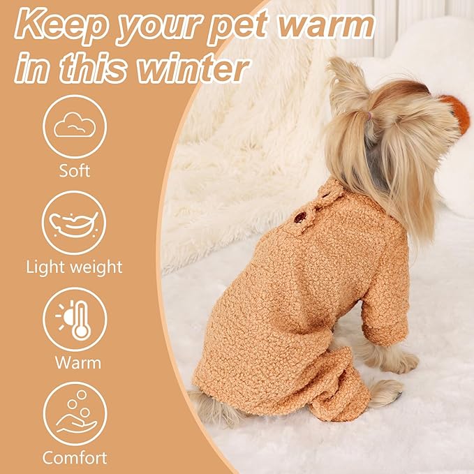 Dog Sweaters for Small Dogs Winter Dog Pajamas Sized Dogs Boy Girl Fleece Pet Clothes Puppy Outfit 4 Legs Jumpsuits for Chihuahua Yorkie Cat Apparel (Khaki, Small)